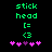 Green pixelated text 'stick head' above '[= <3' and pink/purple heart symbols on black background.