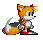 Pixel art fox character with orange fur, white chest and tail tip, red shoes, gray gloves; four distinct poses showing body rotation and tail movement.