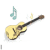 Animated sequence of a light brown acoustic guitar with dark brown neck and headstock, surrounded by floating musical notes in teal, yellow, and pink against white background.