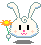 Pixel art bunny head with white fur, black eyes, pink nose, and orange flower held in left paw; four variations show different eye expressions and ear positions.