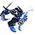A 7-frame animated contact sheet showing a blue and black pixelated character performing dynamic movements against a gray background.