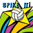 Pixelated icon with volleyball, star, and text elements in blue, yellow, green, purple, pink, white, black; static composition.