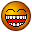 Four pixelated yellow-orange circular faces with closed eyes and wide grins showing teeth, two displaying red tongue-like shapes.