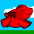 A 4-frame animated contact sheet showing a red cartoon poodle-like character running across a blue sky with white clouds and green ground, displayed in pixel art style.