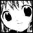 Black-and-white pixelated anime-style character face with large eyes and short hair next to stylized text on a black background.