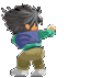 Pixelated character with spiky dark hair performs a sequence of dynamic martial arts poses against gray background, wearing green long-sleeve shirt under blue vest and brown pants.