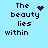 Pixelated text 'The beauty lies within' on light blue background with four distinct icon variations showing different animated symbols.