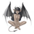 Pixelated static image of a winged humanoid figure with dark hair, large bat-like wings, and a tail, rendered in muted brown and gray tones against a white background.