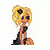 Pixelated cartoon character with blonde hair and blue eyes, wearing a black outfit against white background.