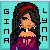 Pixelated image of a person with long dark hair wearing a red headband and purple top, with vertical text on both sides.