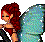 Pixel art icon of a female fantasy character with red hair and large translucent wings, wearing a dark strapless top and black boots against a gray background.