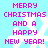 Pixelated text reads 'MERRY CHRISTMAS AND A HAPPY NEW YEAR!' in pink on a light blue background with white snowflakes.