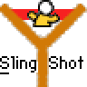 Animated contact sheet showing 10 frames of a yellow stick figure character in various poses within orange slingshot structures, with repeated "Sling Shot" text below each frame on gray background.