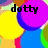 Pixelated icon with purple circle, yellow shapes, and blue background; text changes from 'dotty' to 'dot' across frames.