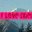 Pixelated mountain landscape with pink text overlay reading 'I LOVE ME!' in the top-left corner, transitioning to a plain gray background on the right side.