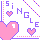 Pixel art icon with pink and purple elements featuring the word 'SINGLE' in blocky letters, two pixel hearts, a large heart outline, dotted lines, and a white number 1 inside a pink shape.
