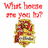 Four pixelated house emblems with red text above and below each, all reading "What house are you b?" on a white background.