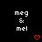 Pixelated text 'meg & mel' appears in white on black background with red heart and arrow symbols changing across frames.