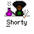 Pixel art of a character with dark skin and afro hair holding a purple flask, wearing black shirt with green star, standing on gray background.