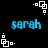 Pixelated blue text 'sarah' appears on black background with white square-dot patterns in corners and center.