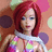 Pixelated image of a red-haired figure in a colorful bikini top with a white strap, set against a pink background with circular patterns, accompanied by pixelated text on a bright purple background.