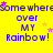 Yellow background with blue text repeating 'somewhere over MY Rainbow!' and scattered pink/yellow stars, arranged in a pattern