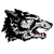 Pixelated grayscale image of a stylized animal head with open mouth showing red tongue, black and white fur pattern, and visible teeth.