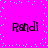 Four identical pixelated 'Randi' text labels arranged in a on a bright pink background with scattered cyan dots