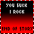 Two side-by-side animated frames of a pixelated buddy icon with red and black gradient background, white text "YOU SUCK I ROCK" on top, and black text "END OF STORY" at bottom, differing only in the color of the word "ROCK" between frames.