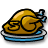 Pixelated icon of a golden cornucopia filled with food on a blue and white plate, rendered in low-resolution style.