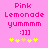 Pixelated pink background with text and symbols; two identical static frames show 'Pink Lemonade yummmm :]]' above yellow stars.
