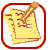 Four square icons with red borders show a yellow notepad and brown pen in different writing poses.