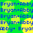 A static digital image displays repeating text 'Bryan+Abby' in blue pixelated font over a green background with yellow circular shapes.