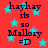 Red background with cyan stars and repeated dark blue text reading "hayhay its so Mallory =D" in a pattern