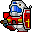 Pixelated character in red armor with blue visor and yellow cross on shield, shown from multiple angles against gray background.