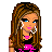 Pixel art contact sheet of a cartoon woman with long brown hair in various poses and outfits, featuring pink polka dots, black accessories, and repeated "cutie" text at the bottom.