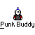 Pixelated character with white face, blue hair tuft, black body, red arm accents; text "Punk Buddy" repeated below in gray background.