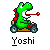 Green dinosaur character in a go-kart with red accents, holding a red item, with yellow star and orange block props in different frames.
