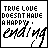 A contact sheet of 18 animated frames showing a text-based icon with changing blue underline on 'LOVE' and variations in the phrase 'TRUE LOVE DOESN'T HAVE A HAPPY ENDING' versus 'BECAUSE TRUE LOVE NEVER ENDS', each frame containing a small heart symbol.