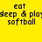 Yellow background with black text reading 'eat deep & play softball' in four , each with a blue rectangular overlay shifting position