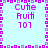 Pixelated icon with light blue background, purple text reading "Cute Fruit 101" in four quadrants, and a purple pixel border.
