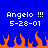 Blue background with white pixelated text reading "Angelo !!! 5-28-01" repeated twice, orange flame shapes at the bottom.