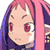 Pixelated anime-style character face with pink and purple hair, red eyes, and a neutral expression on a white background.