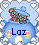 Pixelated icon with blue cloud-shaped background, white hearts, and a small dog wearing a blue hat and red collar, with the text 'Loz' in blue letters.