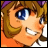 Pixelated anime-style character face with brown hair, blue eyes, and orange skin, next to stylized text on black background.