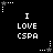 Black background with white pixelated text "I LOVE CSPA" repeated in a , surrounded by small white and gray star icons with dotted lines