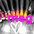 Pixelated image with prominent pink text 'meg' over a blurred background of colorful figures and dark vertical stripes.