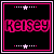 six square displays the name 'Kelsey' in pink pixelated text on a black background, with white stars and dotted lines above and below the text. The outer border color varies between pink and white across different