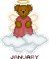 Pixelated angel bear in pink dress with wings and halo stands on cloud, text 'JANUARY' below.