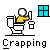 Pixel art icon shows a figure in a yellow shirt sitting on a toilet with a trash bin nearby and a blue window in the background, labeled 'Crapping' below.